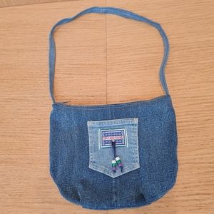 Handmade Jean shoulder bag with Lost and Found Patch and Beads